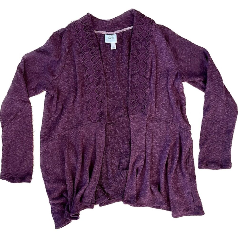 Knox Rose | Plum Open-Front Lace Accented Cardigan | Large